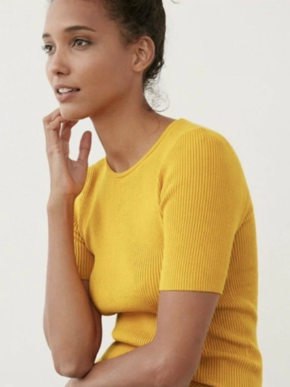Anthropologie Maeve Josefa Medium Ribbed Tee in Honey Soft Knit Stretch Pullover